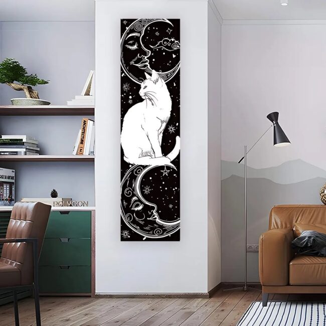 Whimsy Cat Black and White Cat Vertical Tapestry Sun and Moon Long Wall Hanging Starry Sky Aesthetic Art Tapestry Wall Decor - Image 6