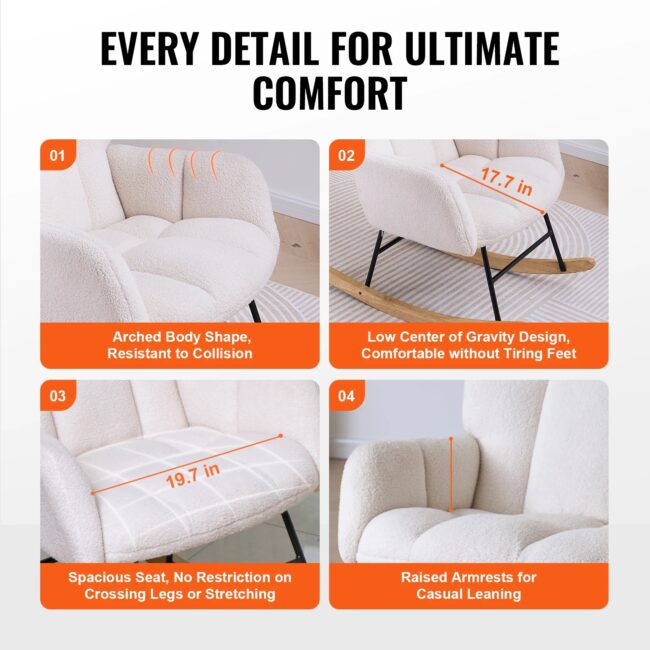 VEVOR Rocking Chair Nursery Glider 250 lbs Weight Capacity Upholstered Glider Rocker Chair for Nursery Bedroom Living Room Home - Image 7