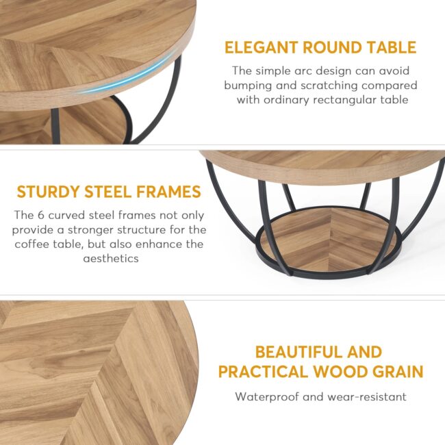 Tribesigns 31.7" Round Coffee Table, Industrial 2-Tier Circle Coffee Table with Storage Shelves, Modern Wooden Sofa Side Table - Image 5