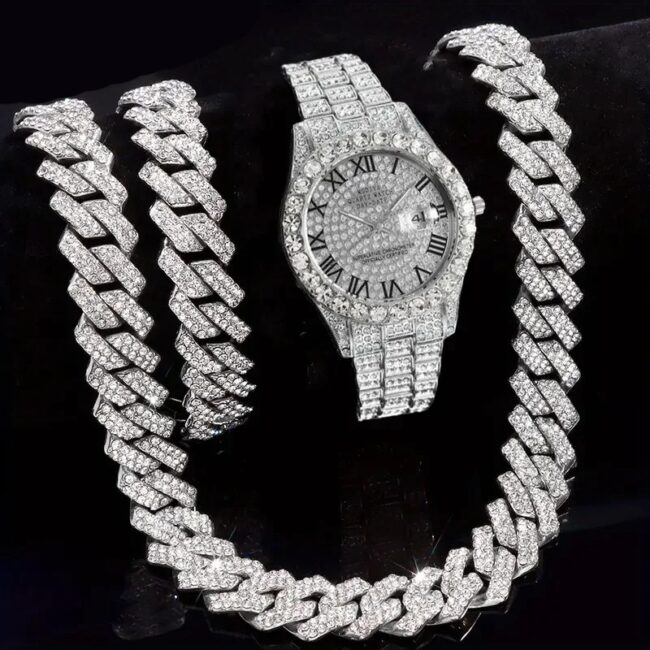 3pcs Necklace+Bracelet+Watch Cuban Chain Watch for Men Hip Hop Miami Curb Iced Out Paved Rhinestone Rapper Cuban men Jewelry set