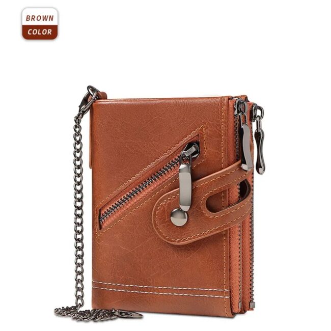 Classic retro Men's Chain Wallet RFID Anti-Theft Men's Leather Wallet Double Zipper Coin Purse Credit Card Holder for Men