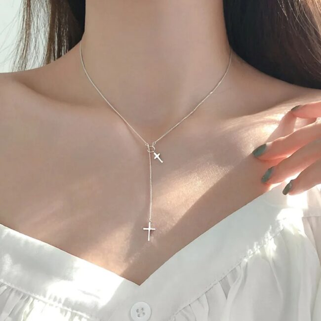 ANENJERY Cross Long Chain Pendant Necklace for Women Fashion Simple Party Jewelry Accessories Wholesale