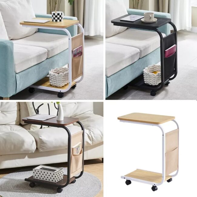BonChoice C Shaped Side Table with Wheels for Living Room, Mobile Sofa Side End Table, Portable Snack Coffee Table Bedside Table