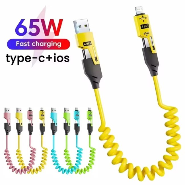 65W Quick Charger Spring USB Cable 4 in 1 Spring Data Cable 6A USB Type C Spring Telescopic Wire for iPhone iPad MacBook Huawei