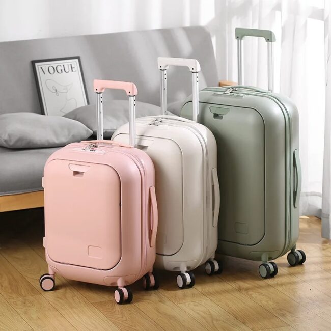 Front-Open Small Luggage 18/20 Inch Multifunctional Lockable Case Swivel Wheels Shock-Resistant Trolley Travel Leather Case