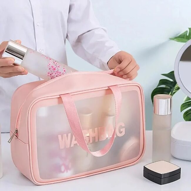 Pu Transparent Three Piece Makeup And Toiletries Bag, Large Capacity Pvc Semi Transparent Frosted Portable Storage Bag