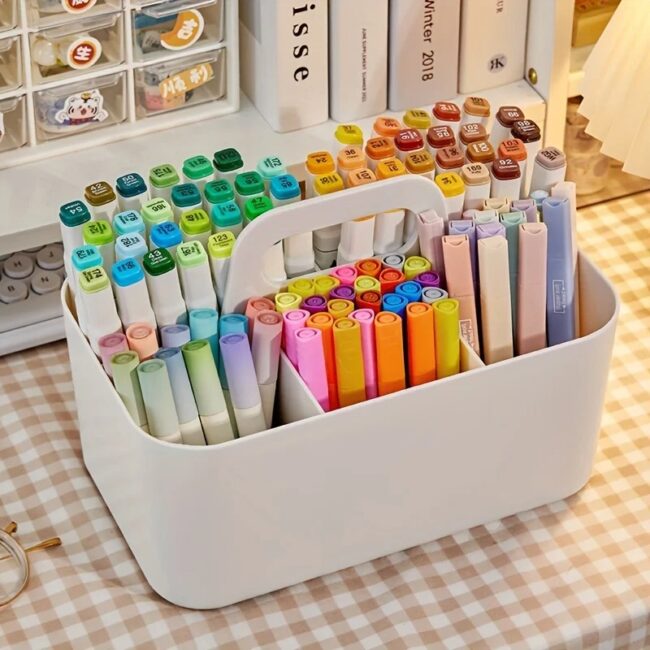 5-Compartment Plastic Storage Basket with Handle, Portable Office Desk Organizer for Pens, Pencils, Stationery, Mixed Color