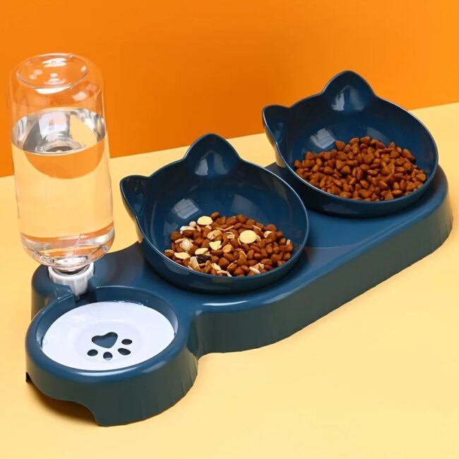 Three In One Cat Feeding Station, Durable Plastic Food And Water Bowls, Cute Cat Ear Design, Suitable For Two Cats To Eat