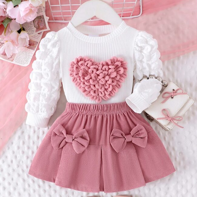 2PCS Winter New Style For 0-3 Year Old Girls, Comfortable Sweet And Cute Bubble Sleeves, Love Chapter Top + Pink Short Skirt Set