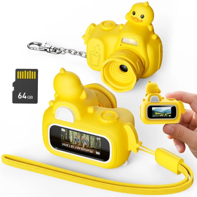 Mini Keychain Camera FHD 1080p with 64GB SD Card Yellow Duck Toy Cameras Pocket Digital Camera Christmas Birthday Gifts for Kids