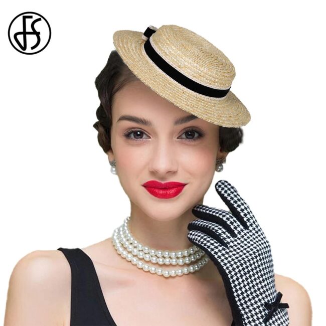 FS 2024 Flat Top Straw Hat With Velvet And Crochet Ribbon Bow Fascinator Hats For Women