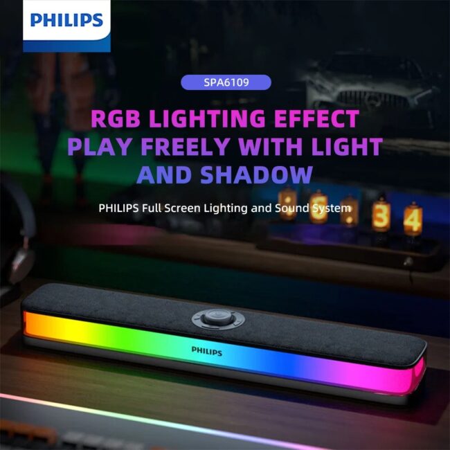 Philips SPA6109 Gaming Desktop Soundbar Full Screen RGB Noise Reduction Speaker with Mic Wired BT 5.3 Computer Sound System