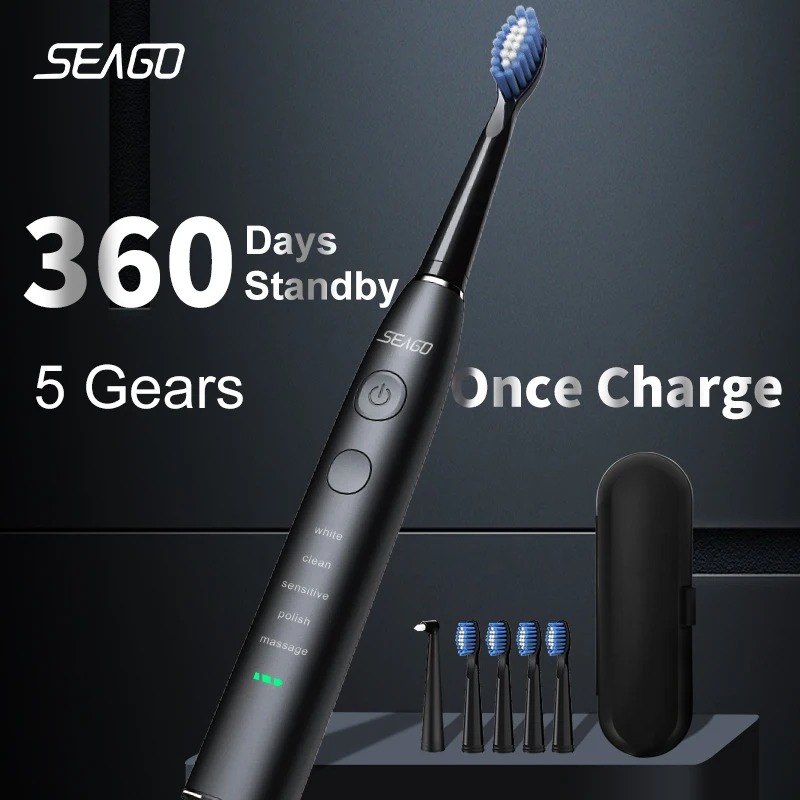 Seago Electric Sonic Toothbrush USB Rechargeable Adult 360 Days Long Battery Life IPX7 4 Replacement Heads Travel Box SG-575