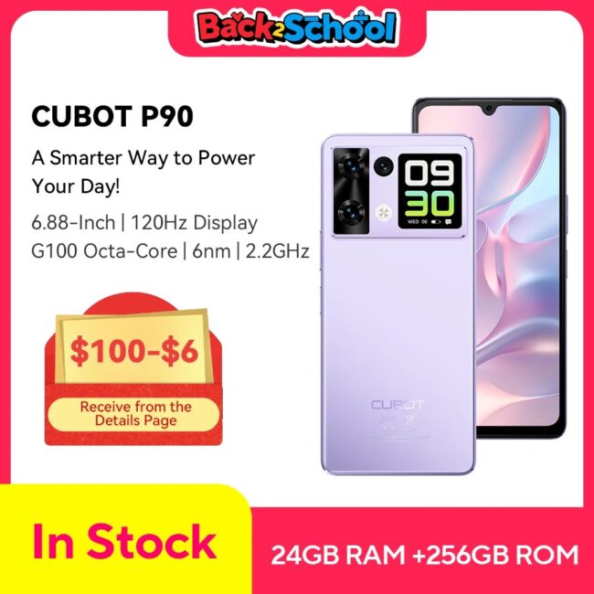 Smartphone Android 15 Cubot P90, 6.88-Inch 120Hz Screen, 24GB RAM+256GB ROM, G100 Octa-core, 2.2GHz, 64MP, 5100mAh,NFC, 4G Phone