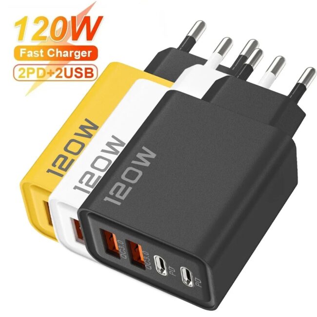 120W Fast Charging USB Charger 4 Port USB Type C Mobile Phone Charge Adapter for iPhone 15/16 Samsung Xiaomi Huawei 3.0 Charger
