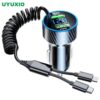 USB Car Phone Charger Adapter with Retractable Cable LED Voltage Monitor 4 in 1 Super Fast Charge for iPhone Samsung Huawei