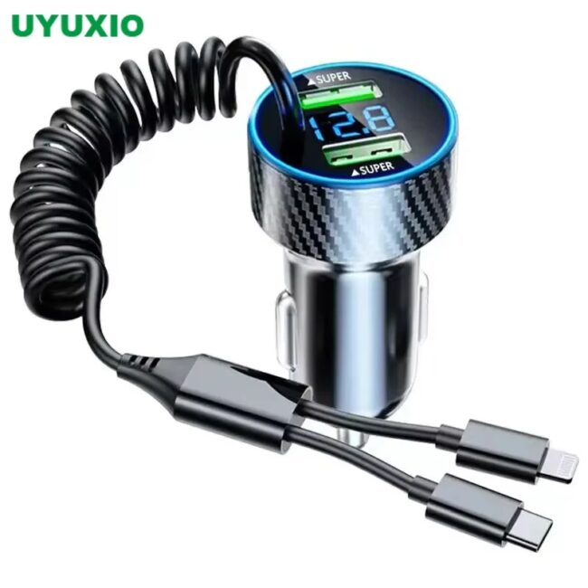 USB Car Phone Charger Adapter with Retractable Cable LED Voltage Monitor 4 in 1 Super Fast Charge for iPhone Samsung Huawei