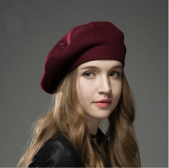 new Women's Berets Hat Fashion Solid Color Wool Knitted Berets With Rhinestones Ladies Beanie Beret Black wine red cap female - Image 22
