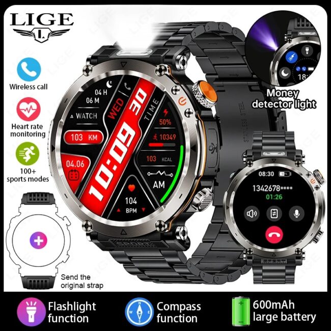LIGE Smart Watch Men Bluetooth Call 600mAh Large Battery Outdoor Sport Compass Watch Flashlight Waterproof Health Smartwatch New