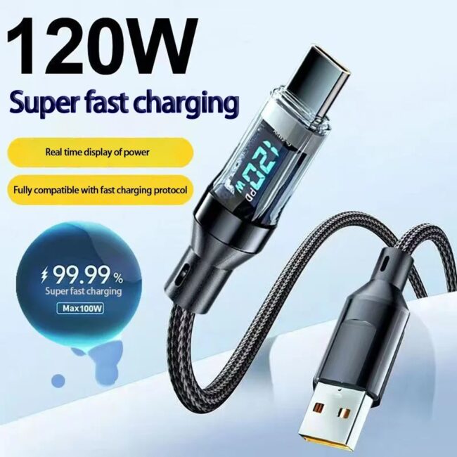 120W USB to Type C Cable Phone Super Fast Charging Cable 100W Type-C To Type-C Data Cord With LED Display For Huawei Oppo Vivo 
