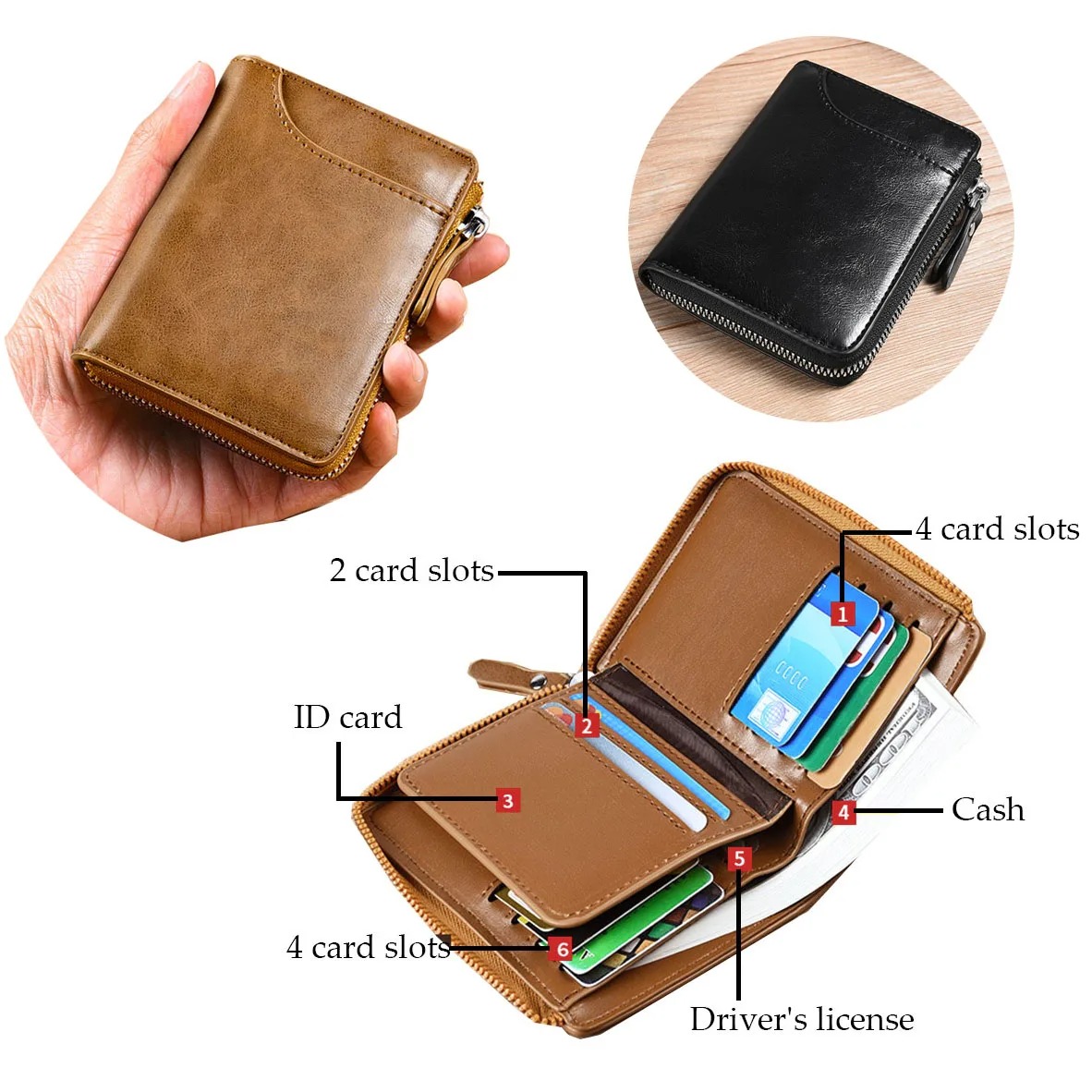 Men's Leather Wallet RFID Card Holder Man Money Bag Purse Zipper Wallet for Men - Image 3