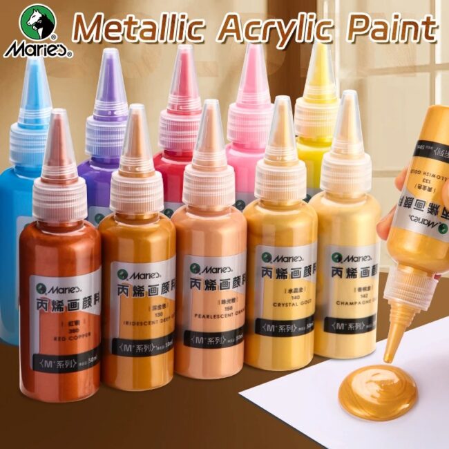 50ml Marie's Metallic Acrylic Paint, Pearlescent Rich Shiny Pigments with Bottle, Golden Slivery for DIY Art Painting, Wood, Gl