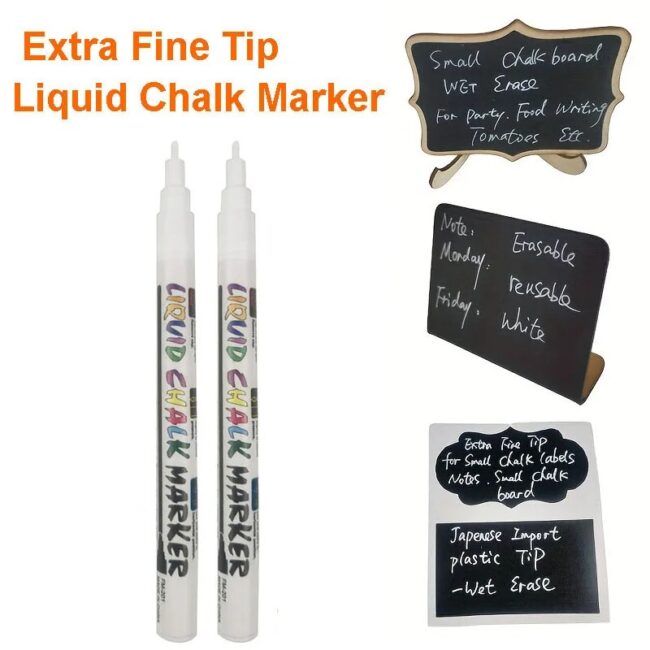 2 Pack Extra Fine Tip White Liquid Chalk Markers - Dry/wet Erase Marker Pen for Small Blackboard, Calendars,Chalkboards, Window