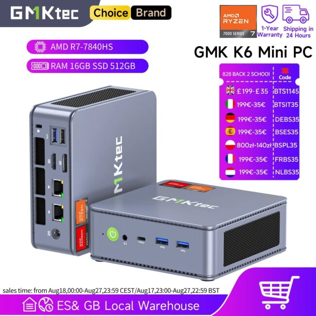GMKtec K6 Mini PC AMD R7-7840HS 8C/16T 16GB RAM 512GB PCIe 4.0 SSD Mini Desktop Computer Window 11 Pro WiFi 6E/BT5.2 Type-C