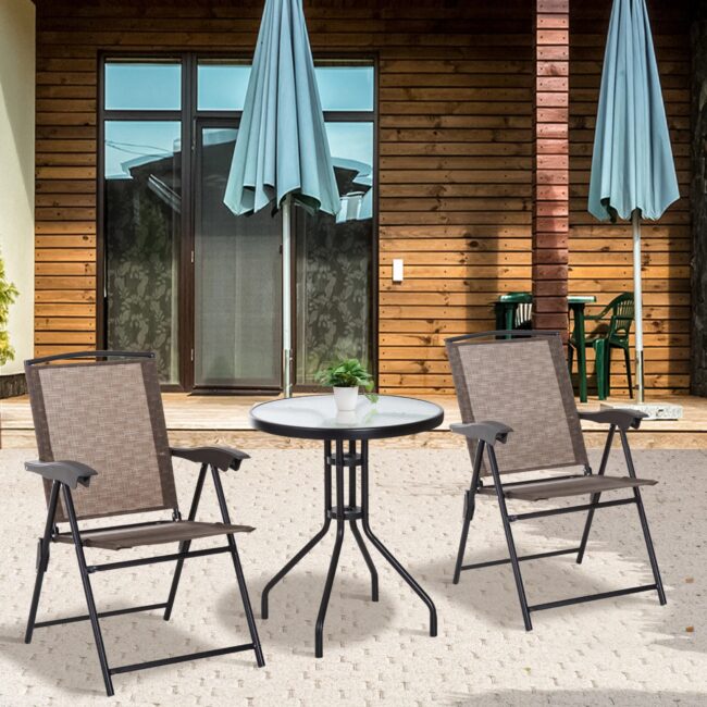Outsunny 3 Piece Outdoor Bistro Set, Patio Conversation Furniture Set with 2 Folding Backrest Adjustable Armchairs