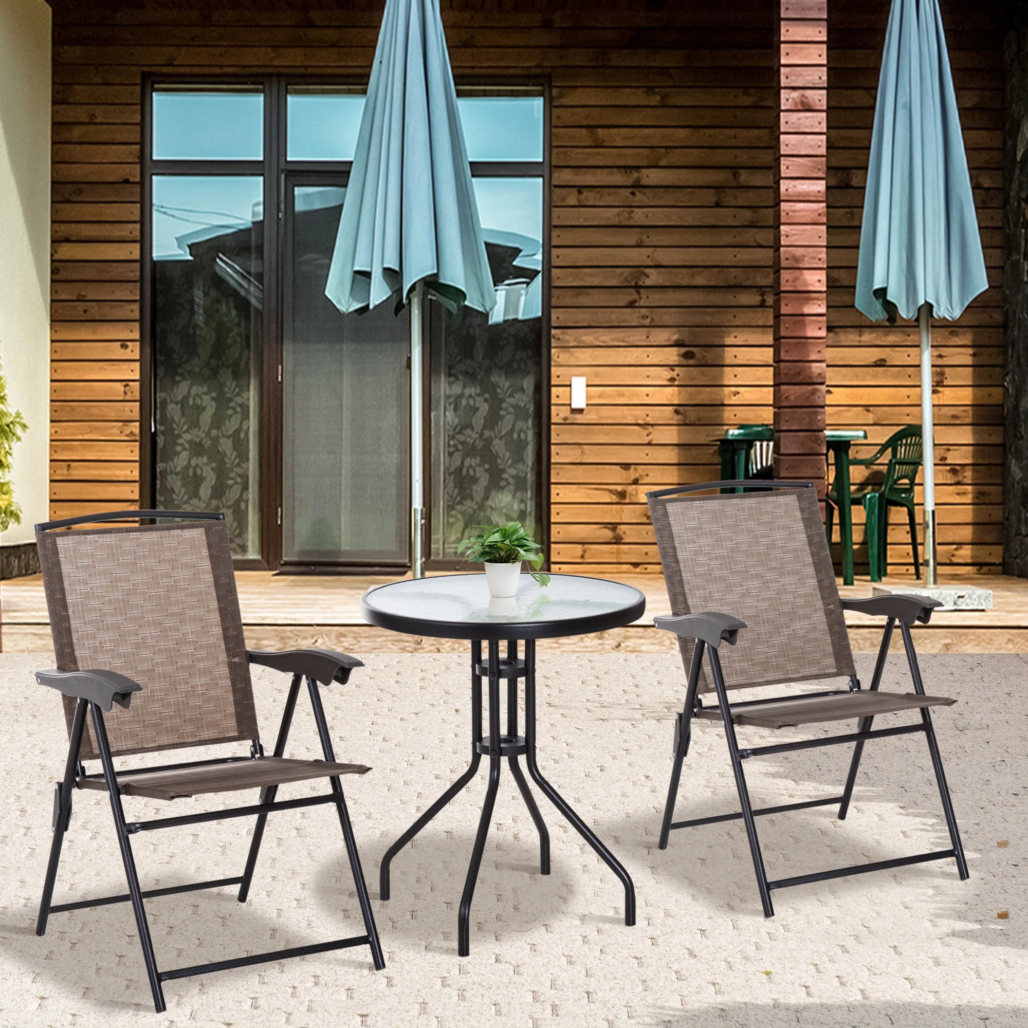 Outsunny 3 Piece Outdoor Bistro Set, Patio Conversation Furniture Set with 2 Folding Backrest Adjustable Armchairs