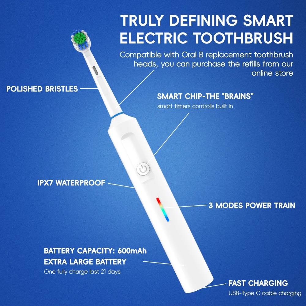 Smart Rotating Electric Toothbrush, Round Head Rechargeable Electric Toothbrush with 6 Heads, Compatible with Oral B Brush Heads - Image 3