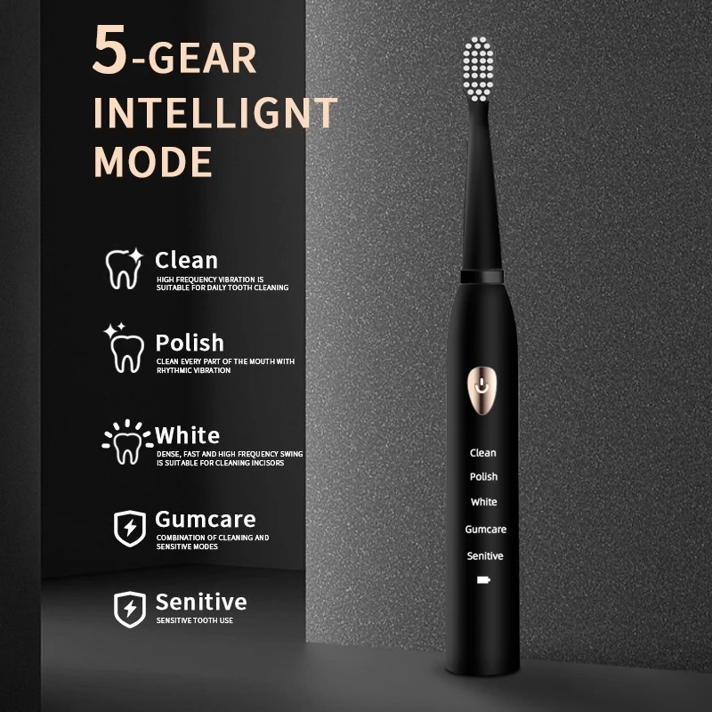 Jianpai Adult Black White Classic Acoustic Electric Toothbrush Adult 5-gear Mode USB Charging IPX7 Waterproof Acoustic Electric - Image 3