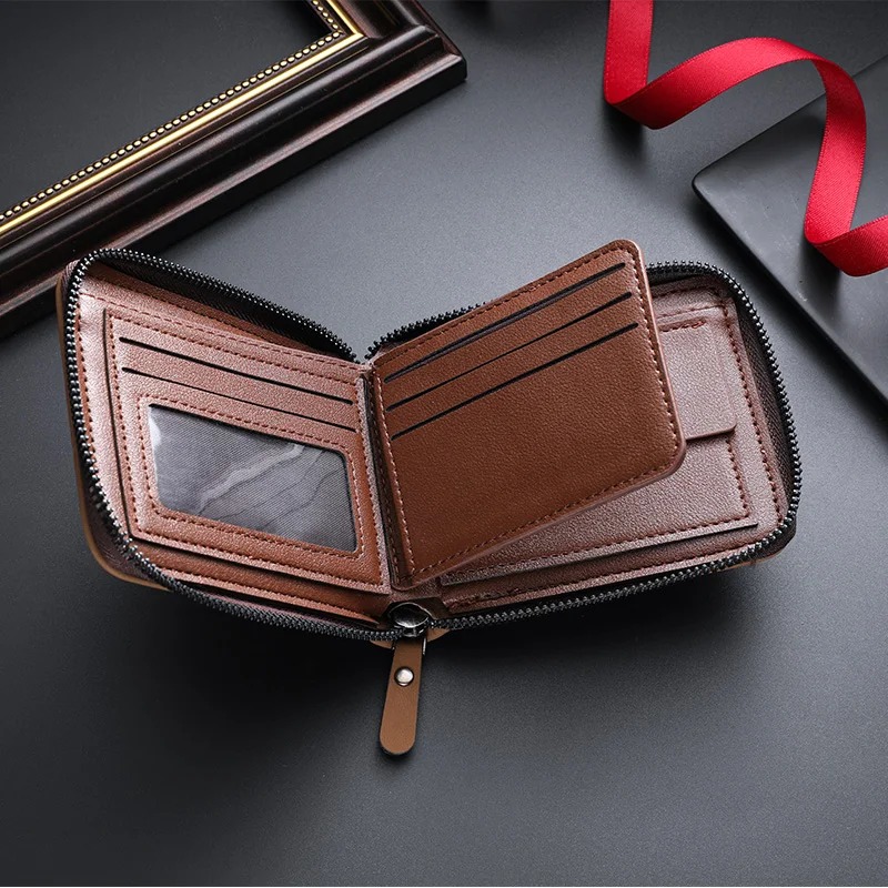 New men's chain wallet with European and American retro style, horizontal zipper bag, fashionable short card bag, coin purse. - Image 4