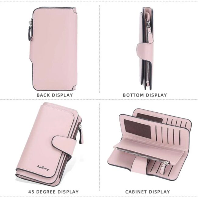 Large Capacity Women's Long Leather Wallet Zipper Buckle Multi-Card Triple Fold Coin Purse Clutch Bag Card Holder
