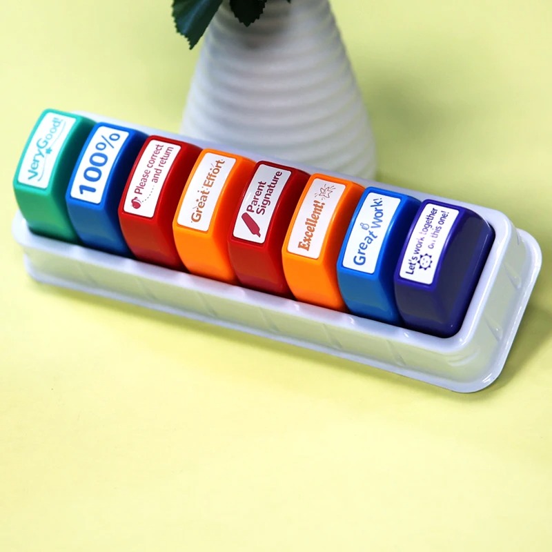 8 Teacher stamps Classroom Teacher Fun Automatic inking stamps for Grading Office Teachers English Spanish Optional Teacher - Image 3