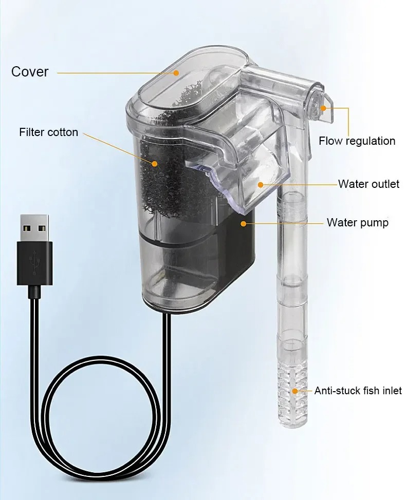 Aquarium New Hanging Filter Mini Filter Fish Tank USB power interface 2.5W Flow 250H/L Suitable for fish tanks below 30cm - Image 4