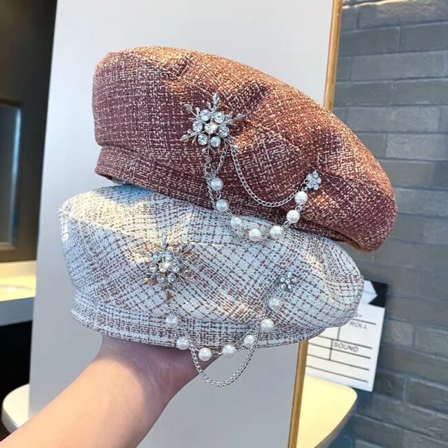 Fashion Lady Beret Hat Beanie Cap Rhinestone Beaded Chain Pandant Artist Casual - Image 4