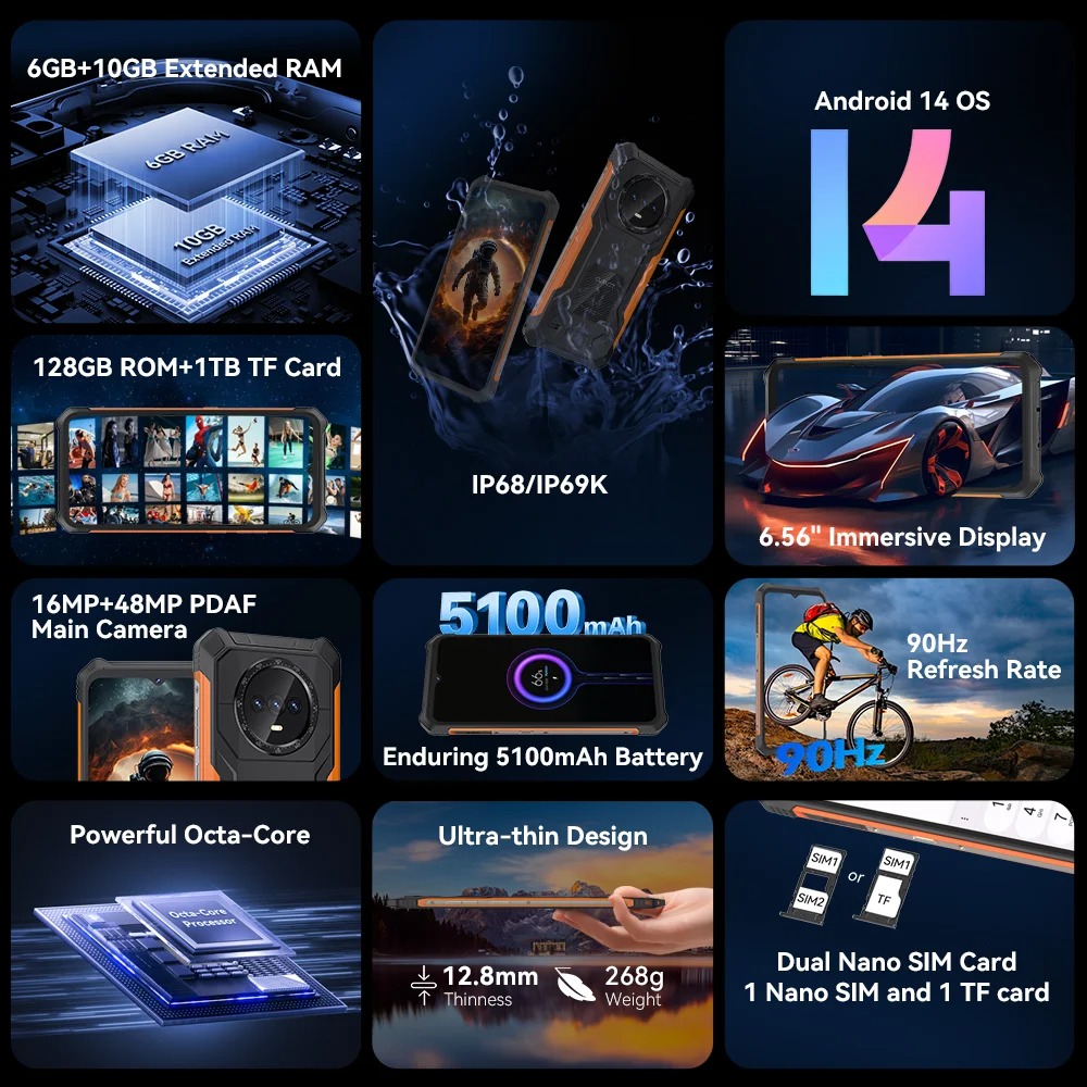 Cubot KINGKONG ES Rugged Smartphone 16GB+128GB RAM 90Hz 6.56" HD+Screen Android 14 48MP Main Camera 5100mAh - Image 2