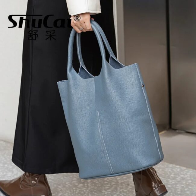 Genuine Leather Commuter Tote Bag Simple Ladies Soft Cowhide Tote Shoulder Handbag Large Capacity Women Bucket Bag 2025 New
