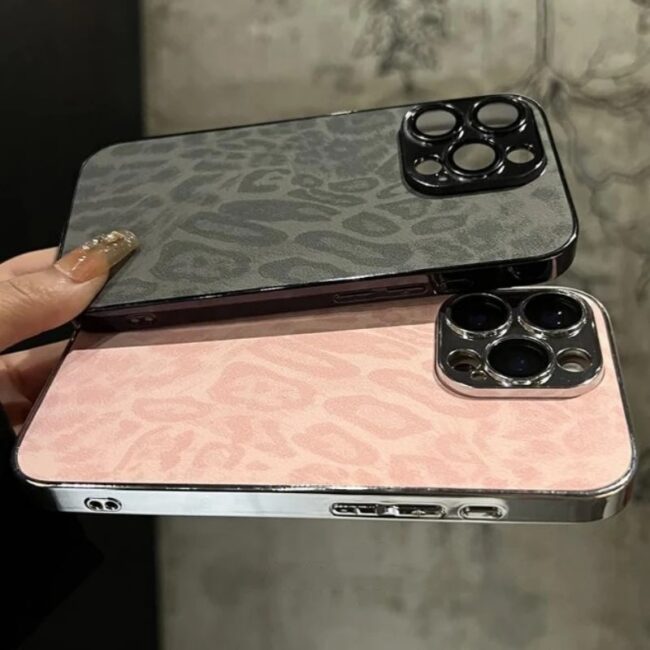 Luxury Leopard Texture Leather Plating Bumper Phone Case For iPhone 11 12 13 14 15 16 Pro Max Lens Protector On 15 Plus Cover