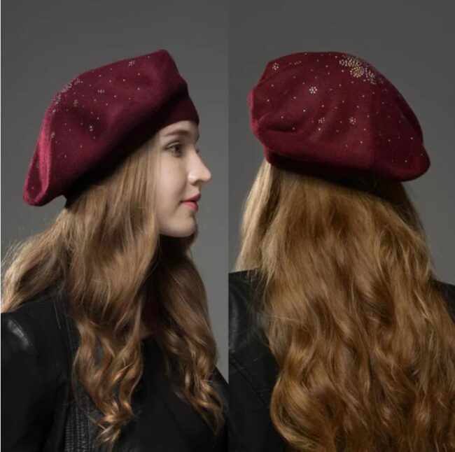 new Women's Berets Hat Fashion Solid Color Wool Knitted Berets With Rhinestones Ladies Beanie Beret Black wine red cap female - Image 9