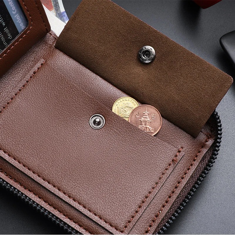 New men's chain wallet with European and American retro style, horizontal zipper bag, fashionable short card bag, coin purse. - Image 6