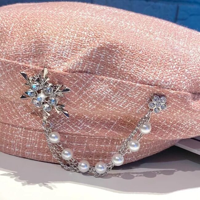 Fashion Lady Beret Hat Beanie Cap Rhinestone Beaded Chain Pandant Artist Casual - Image 6