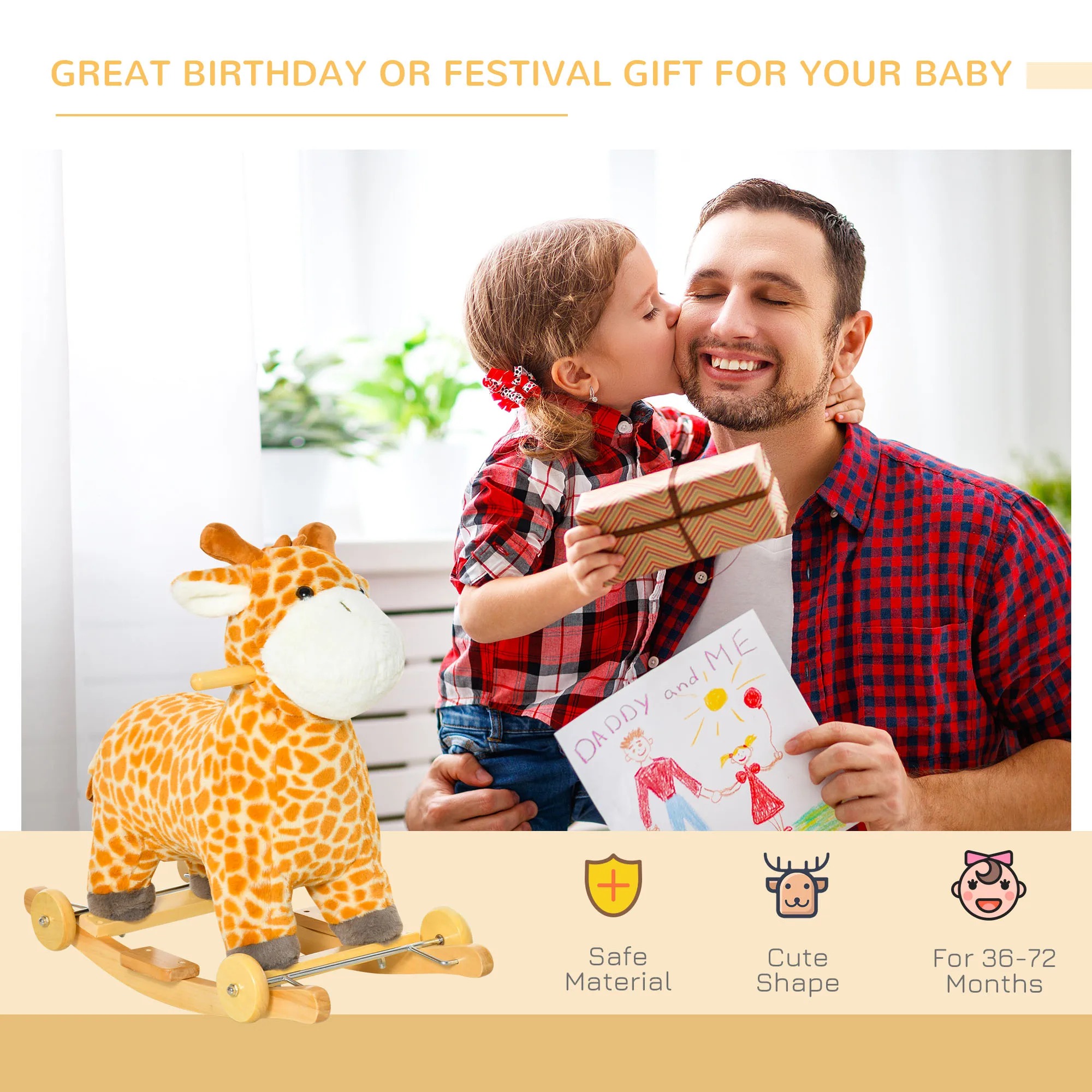 HOMCOM 2-IN-1 Kids Plush Ride-On Rocking Gliding Horse Giraffe-shaped Yellow - Image 6