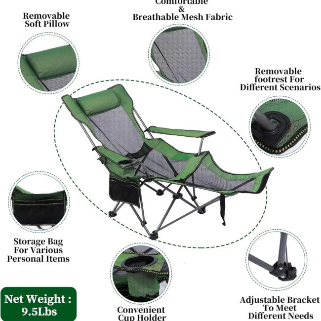 Camping Lounge Chair, Portable Reclining Camping Chair, Folding Camping Chair with Footrest,Headrest & Storage Bag