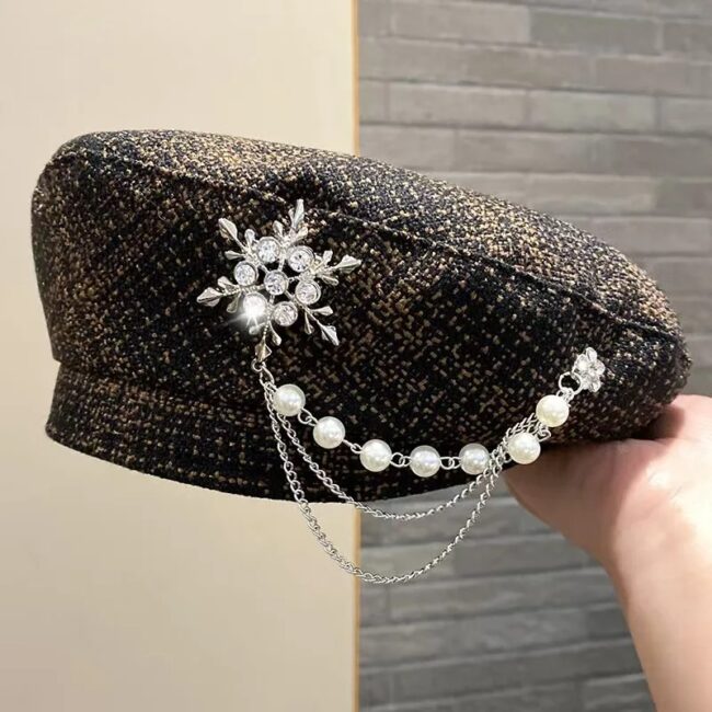 Fashion Lady Beret Hat Beanie Cap Rhinestone Beaded Chain Pandant Artist Casual - Image 8
