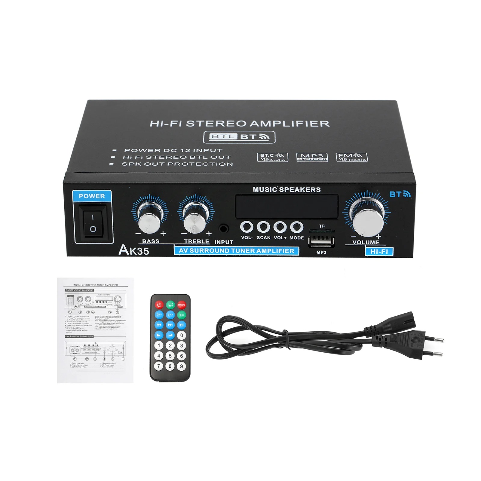 AK45/AK35 800W Home Power Amplifier 2 Channel Bluetooth 5.0 Mini Hifi Digital Stereo Sound Amplifier Support FM USB SD Mic input - Image 7