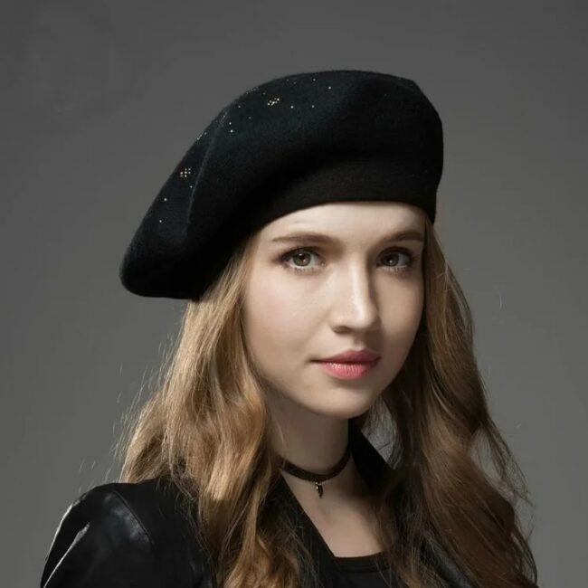 new Women's Berets Hat Fashion Solid Color Wool Knitted Berets With Rhinestones Ladies Beanie Beret Black wine red cap female - Image 17