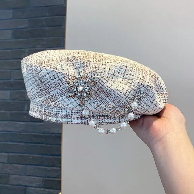 Fashion Lady Beret Hat Beanie Cap Rhinestone Beaded Chain Pandant Artist Casual - Image 9