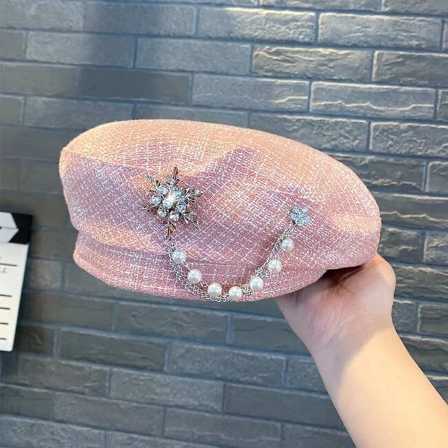 Fashion Lady Beret Hat Beanie Cap Rhinestone Beaded Chain Pandant Artist Casual - Image 10